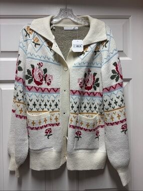 NWT Altar’d state Cozy Floral Fair Isle Cardigan Sweater - Cream ROSE SMALL